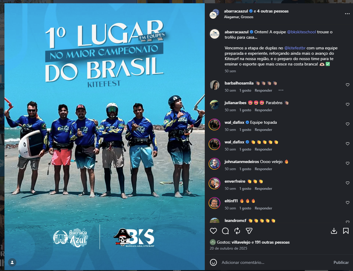 Publicação da Barraca Azul celebrando o primeiro lugar em equipes no Kitefest de 2025