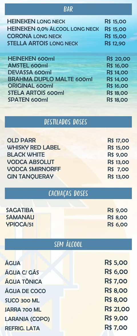 Trecho do cardápio oficial: Bebidas